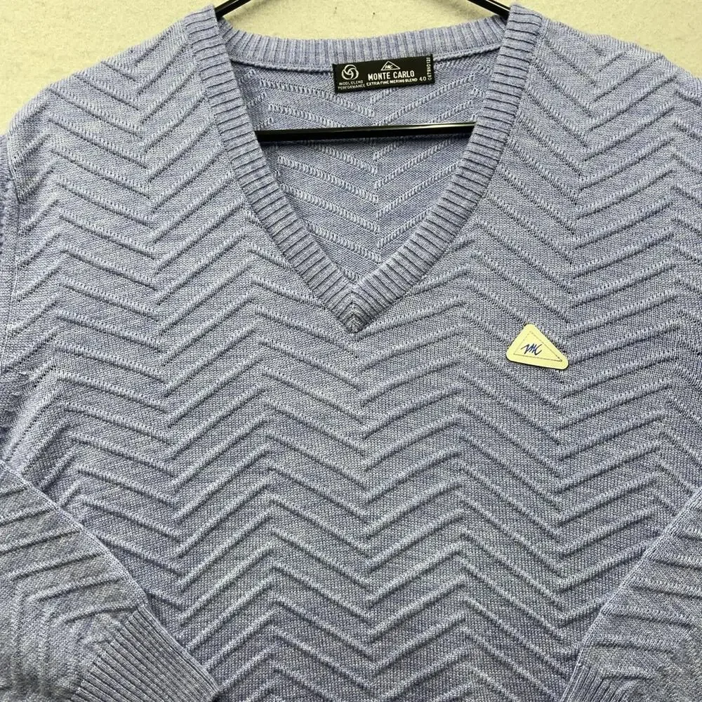 Monte Carlo V Neck Sweater Mens 40 Gray Wool Blend Chevron Knit Pullover